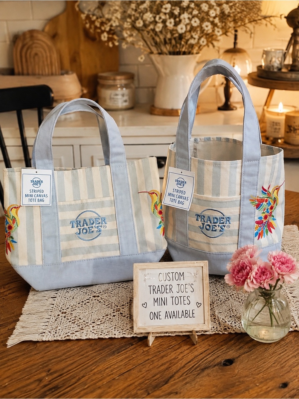 💙Trader Joe’s Mini Canvas Tote Bags with Custom Embroidery